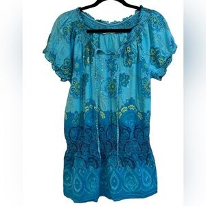 Turquoise floral peasant top with shirring waist, size large